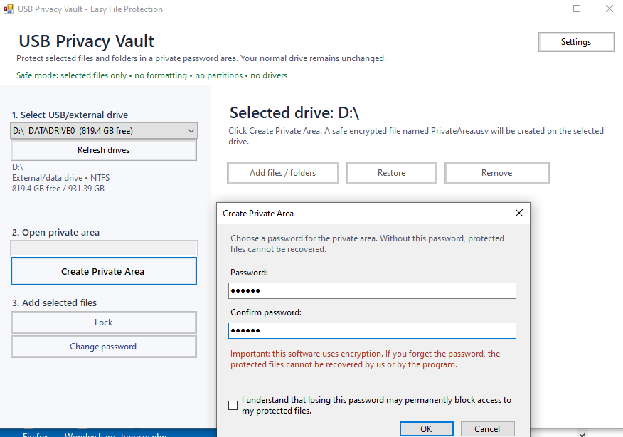 Free USB Privacy Vault Windows Software screenshot