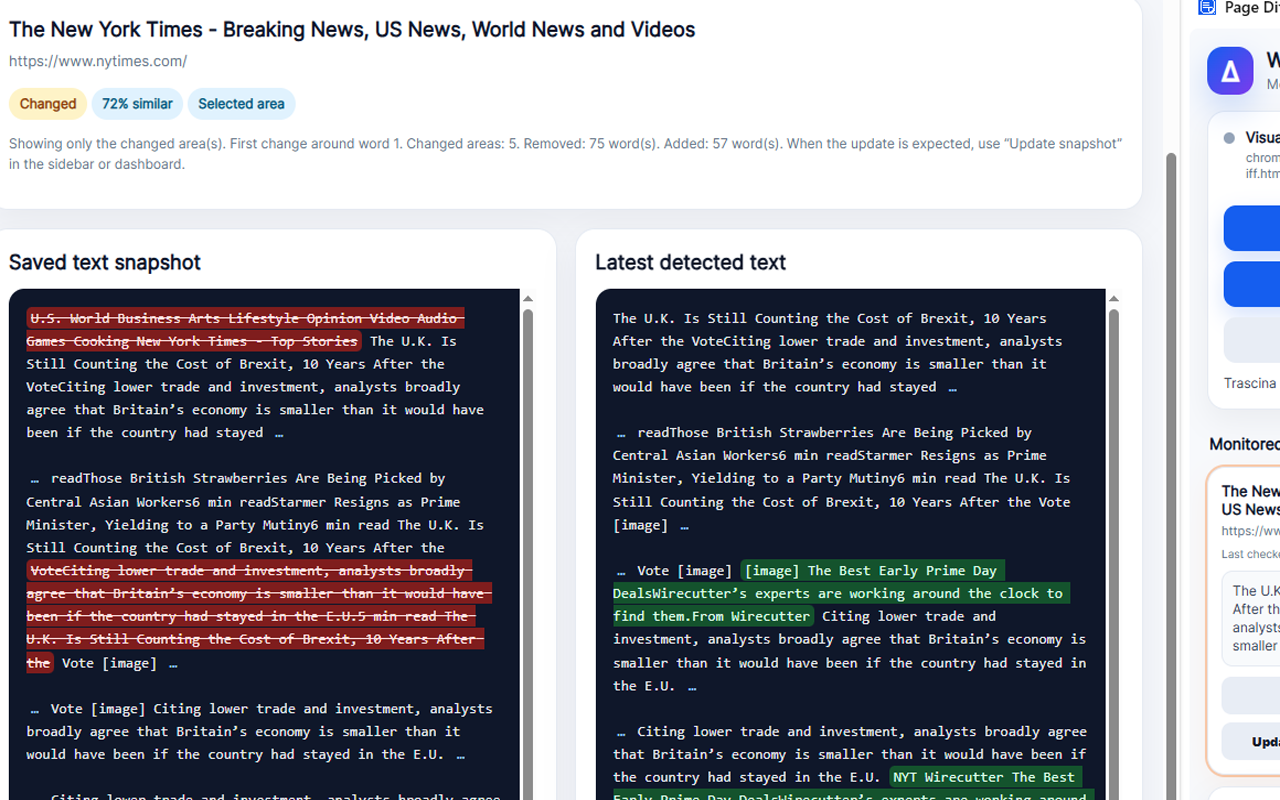 Web Page Change Monitor & Visual Text Diff Browser Extension screenshot